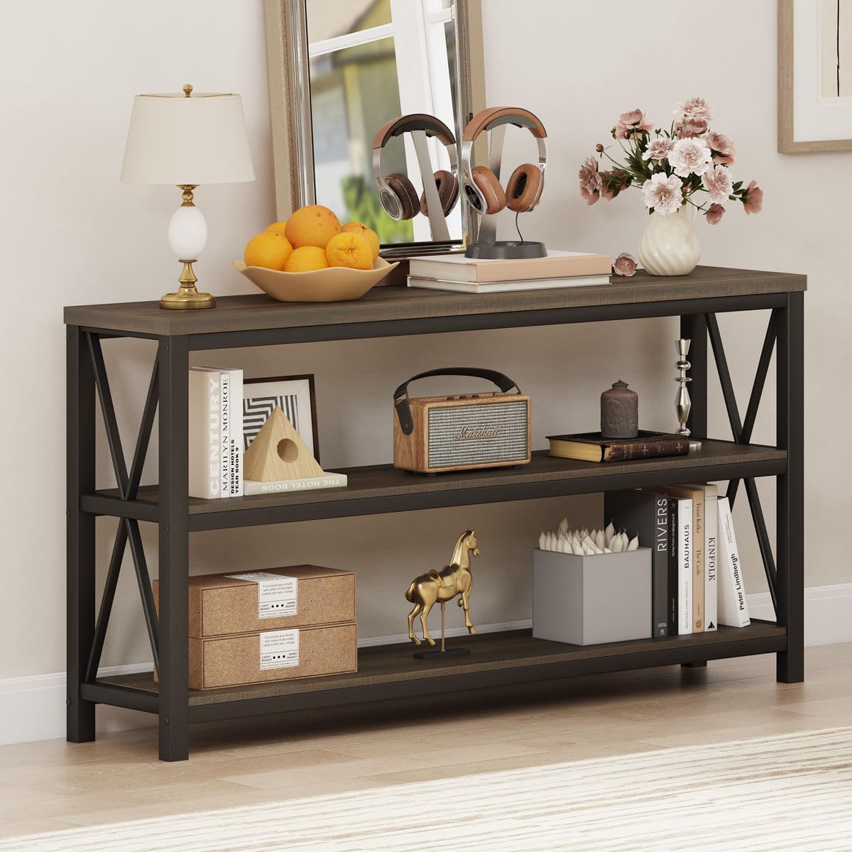 55 Inch Walnut Brown Wood and Metal Console Table with 3 Tier Shelves E93829