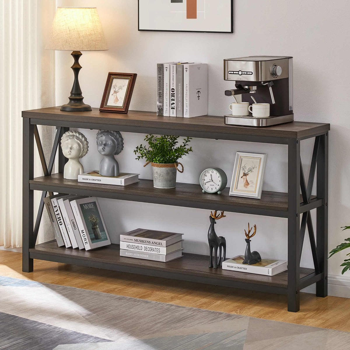 55 Inch Walnut Brown Wood and Metal Console Table with 3 Tier Shelves E93829
