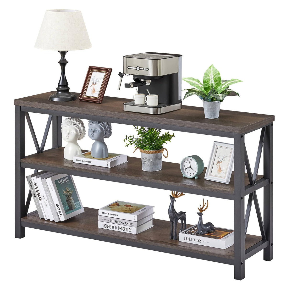 55 Inch Walnut Brown Wood and Metal Console Table with 3 Tier Shelves E93829