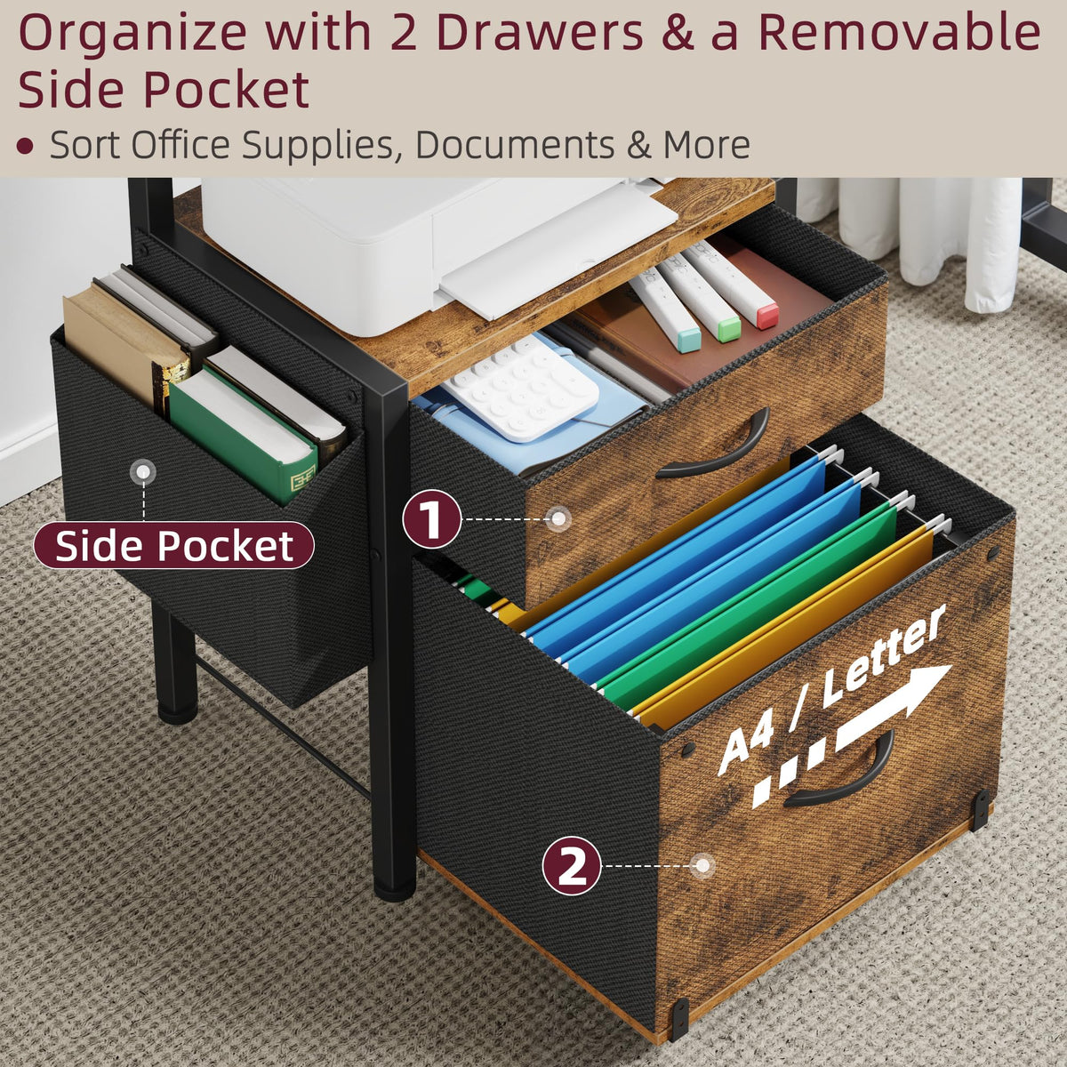 File Cabinet with 2 Fabric Drawers and Printer Stand M6754